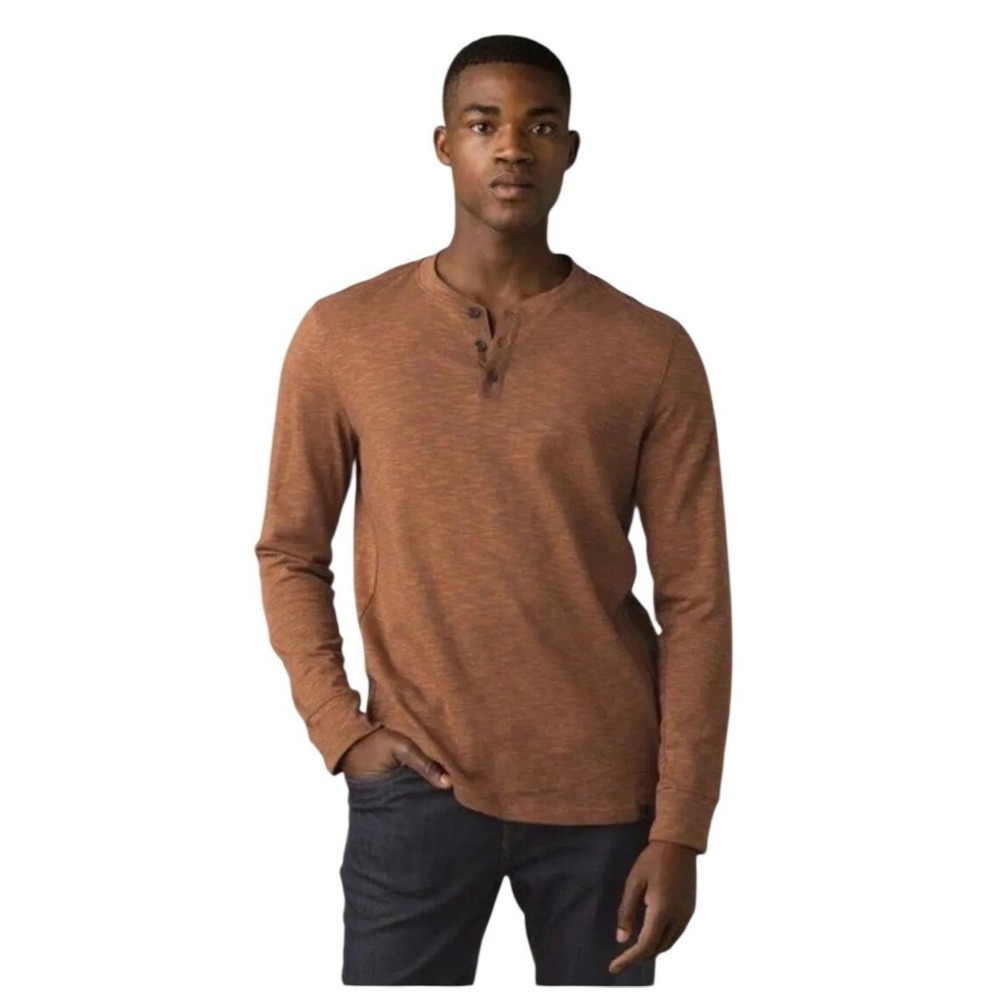 prAna Henley Shirt Mens Large Brown Caden Long Sleeve Organic Cotton Slub Knit